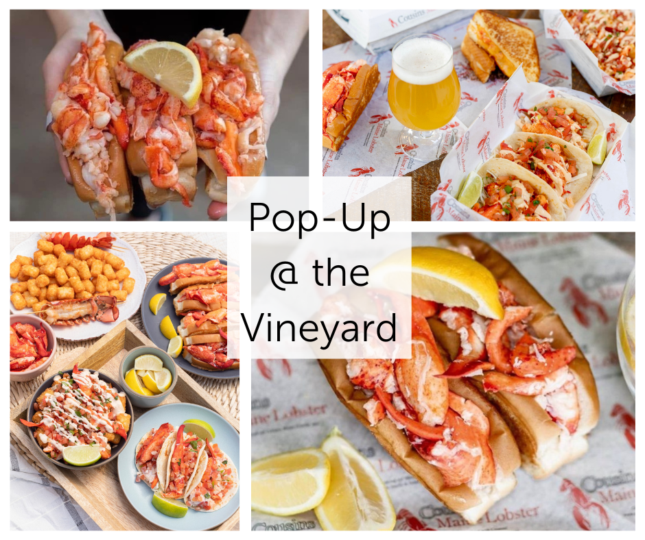 Collage of images featuring lobster rolls at an event called "Pop-Up @ the Vineyard." The collage includes lobster rolls with lemon wedges, lobster mac and cheese, a beer pairing, and a close-up of a lobster dish with sides.