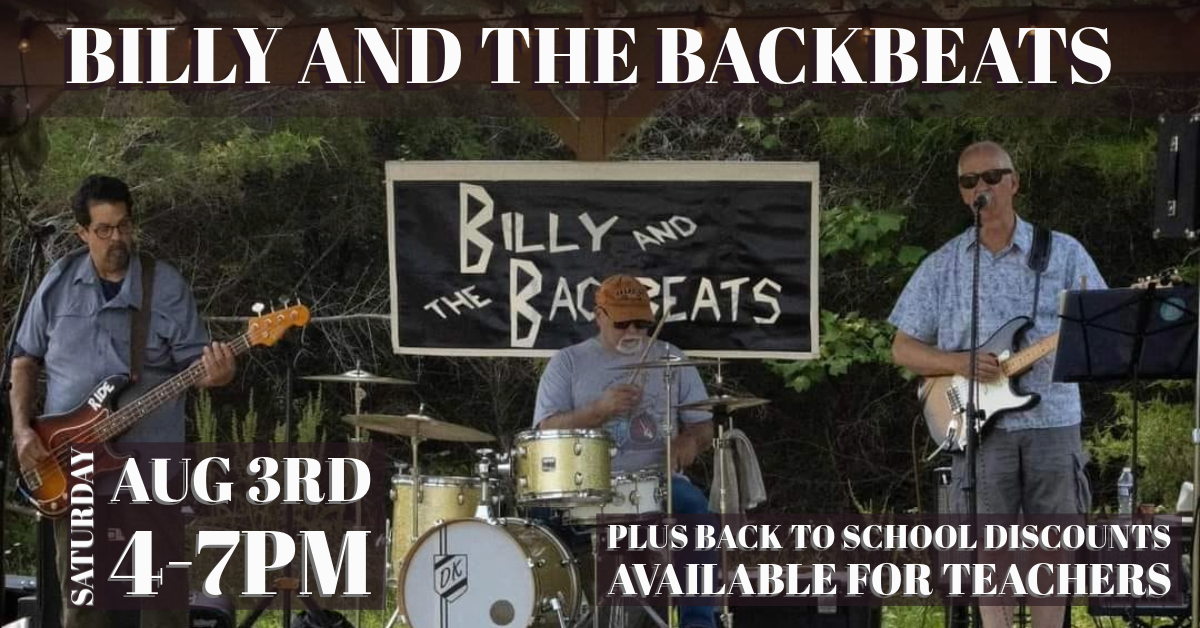 A band named "Billy and the Backbeats" is performing outdoors. Three members are playing instruments: a keyboardist, a drummer, and a guitarist. The event is scheduled for Saturday, August 3rd, from 4-7 PM. Special back to school discounts are available for teachers.