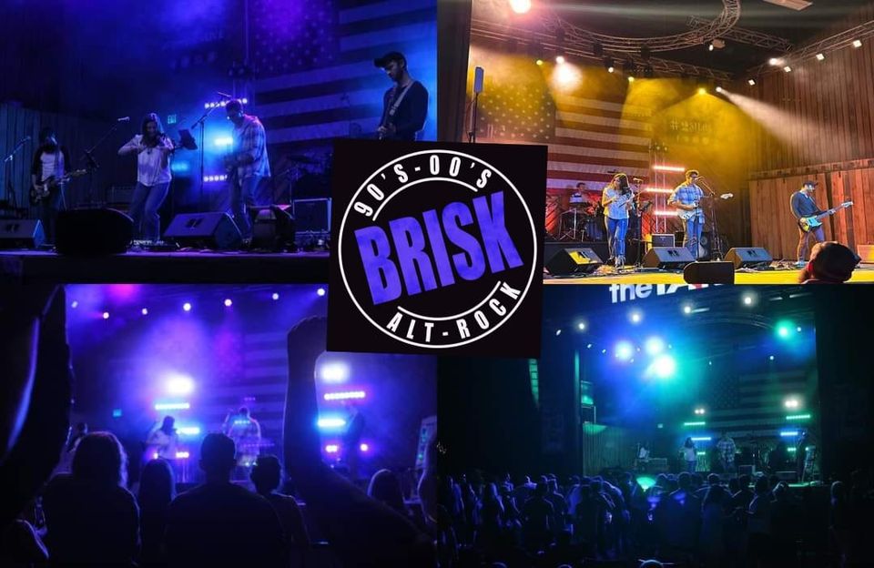 A collage of a rock band performing on stage. The top and bottom images depict various live performances with colored lights. The center features the band's logo reading "BRISK 90’s-00’s ALT-ROCK." An audience is visible in the bottom images.