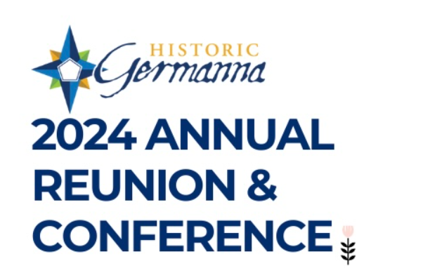 Logo for Historic Germanna with a compass rose design and the text: "2024 Annual Reunion & Conference" in bold, blue letters below. A small flower icon is at the bottom right corner of the text, highlighting the Historic Germanna Reunion & Conference.