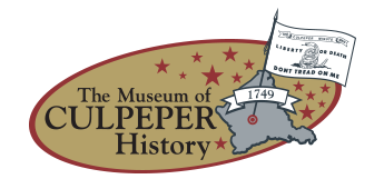 Logo of The Museum of Culpeper History featuring an illustration of Culpeper County's outline with a red marker centered in it, surrounded by stars. Above is a flag with the rattlesnake emblem and the "Don't Tread on Me" motto, along with the year 1749.