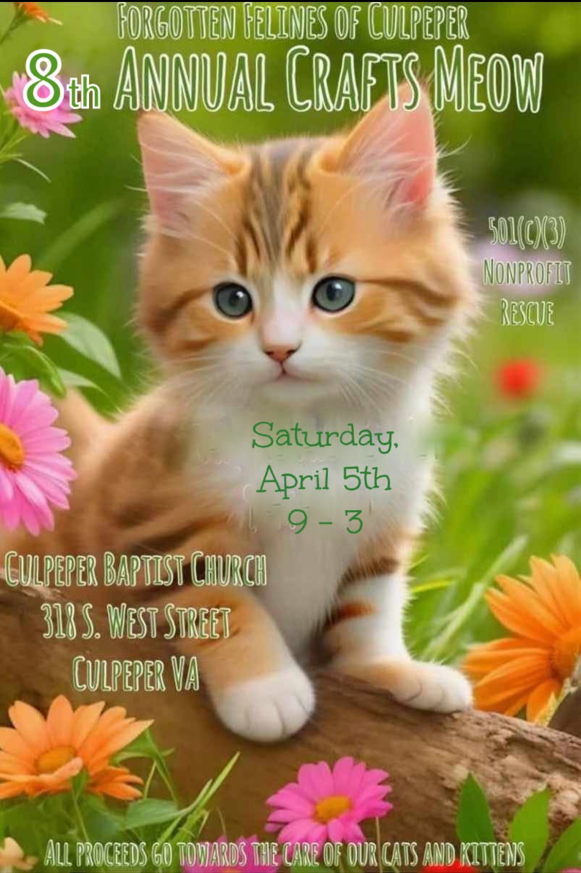 event flyer with a kitten in the background