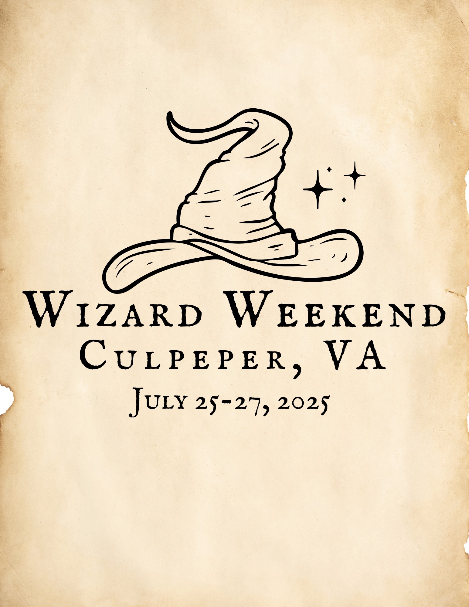 image of a witch hat with Wizard Weekend, Culpeper, VA, July 25-27, 2025 written