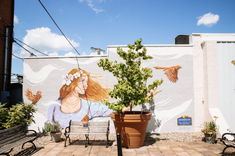 image of a woman painted on a wall with a tree in front and a park bench