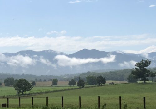 view of a a valley with mountains and clouds in the horizion Image